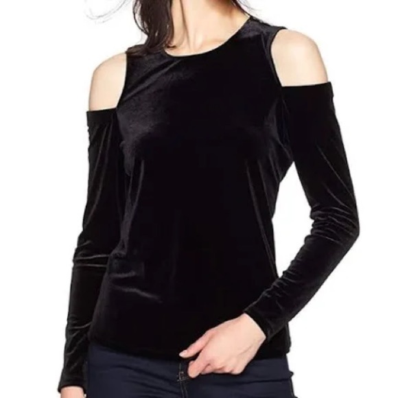 Calvin Klein Tops - Calvin Klein Black Velvet Cold Shoulder Top Size L Long Sleeve Zip Back Velvet